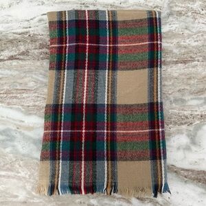 Oversized Plaid Wool Blanket Scarf- Tan, Red, Blue, Yellow & White